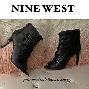 NEW Nine West Leslie Black Leather Open Toe Cage Heeled Sandals Size 10.5M